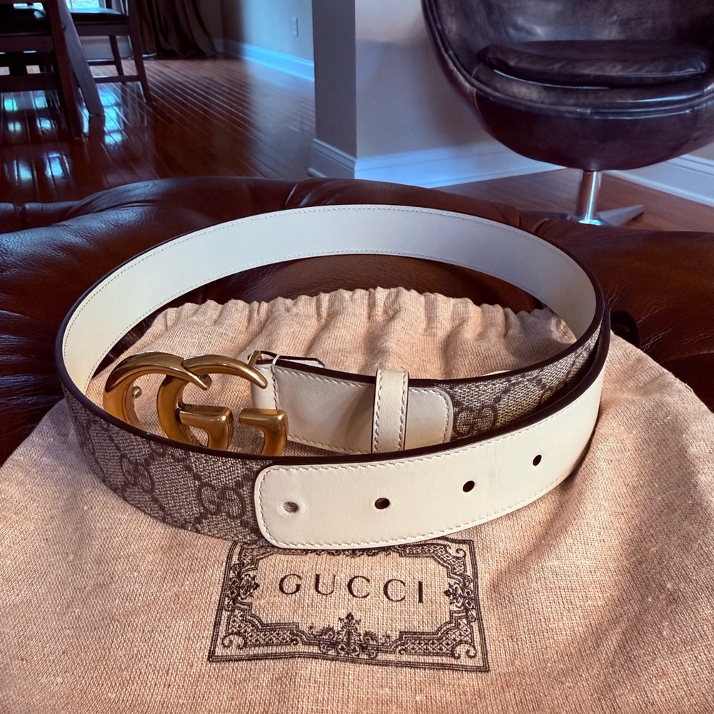 Gucci Beige GG Supreme Canvas & White Leather Belt with Gold Double G Buckle - Picture 6 of 6
